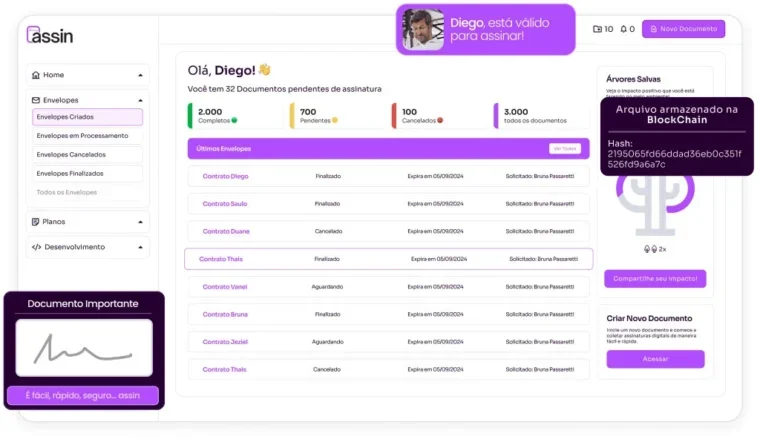 Tela de visualização de documentos pendentes de assinatura - Assin